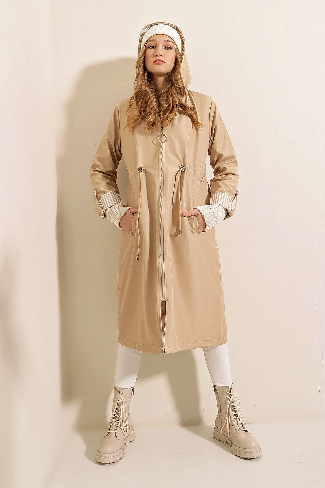 BGD Women Waist Gathered Hooded Trench Coat - Beige - Avondale