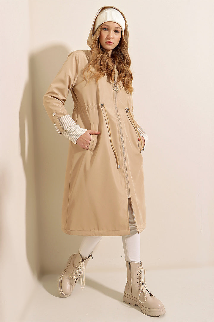 BGD Women Waist Gathered Hooded Trench Coat - Beige - Avondale