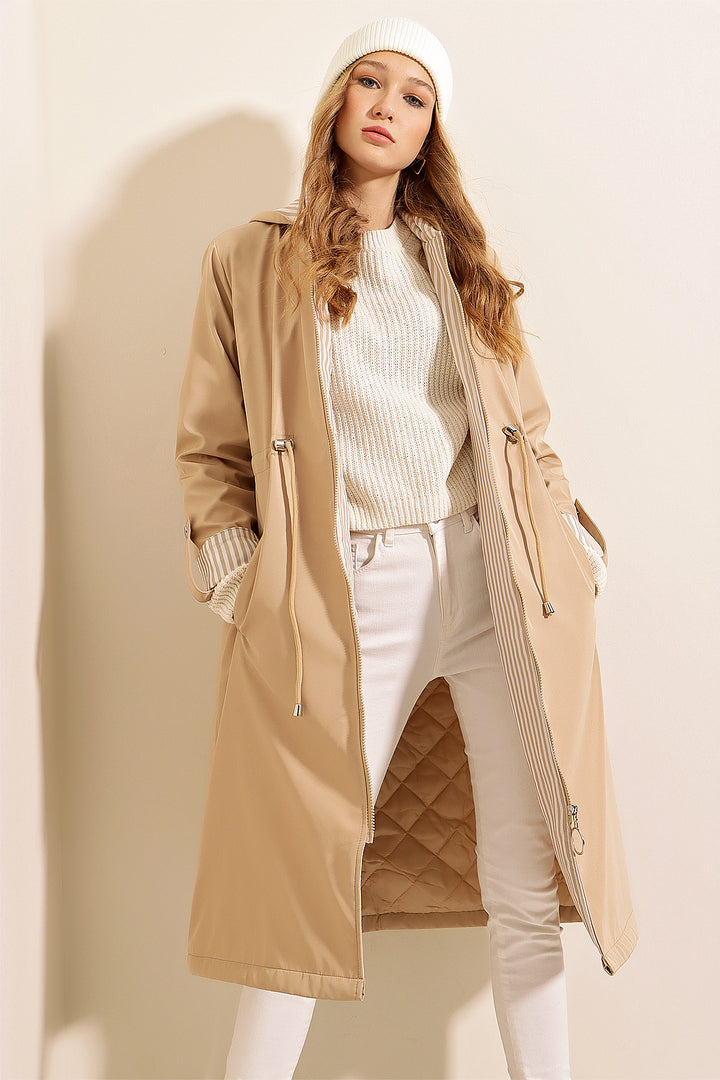 BGD Women Waist Gathered Hooded Trench Coat - Beige - Avondale