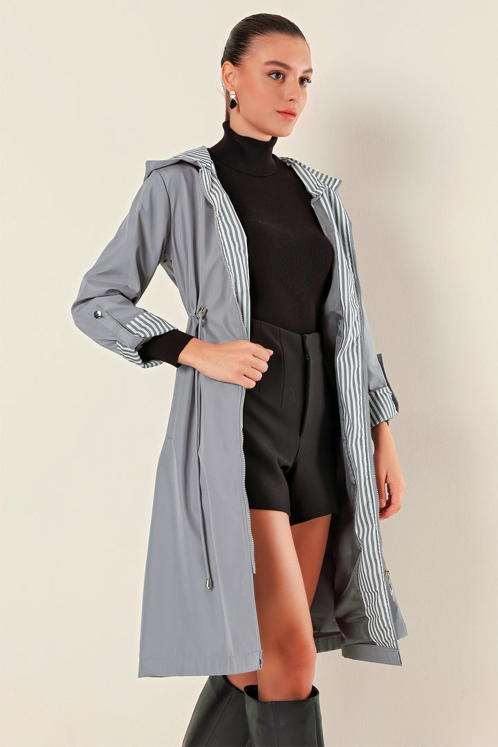 BGD Women Waist Gathered Hooded Trench Coat - Grey - Heemskerk