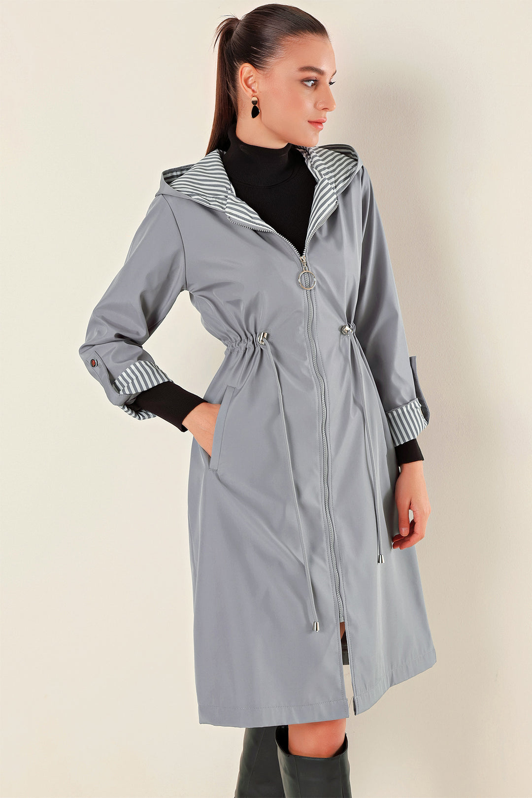 BGD Women Waist Gathered Hooded Trench Coat - Grey - Heemskerk