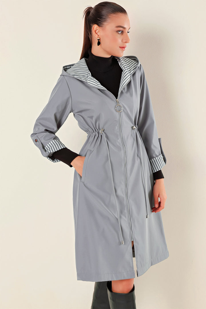 BGD Women Waist Gathered Hooded Trench Coat - Grey - Heemskerk