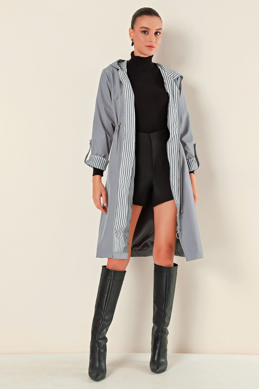 BGD Women Waist Gathered Hooded Trench Coat - Grey - Heemskerk