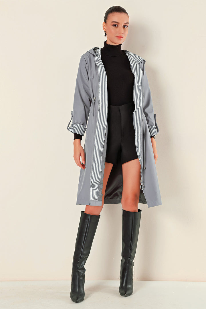 BGD Women Waist Gathered Hooded Trench Coat - Grey - Heemskerk