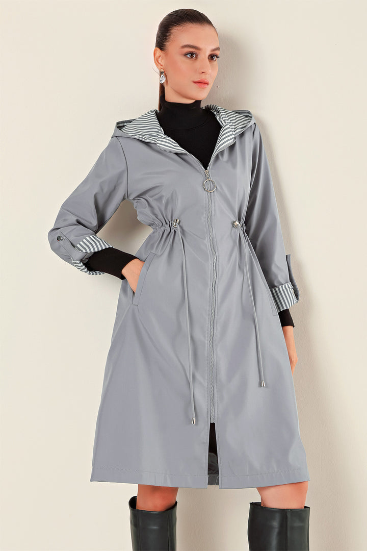 BGD Women Waist Gathered Hooded Trench Coat - Grey - Heemskerk