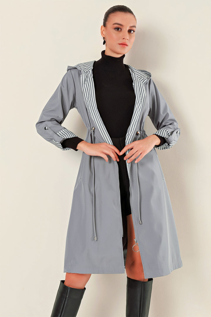 BGD Women Waist Gathered Hooded Trench Coat - Grey - Heemskerk