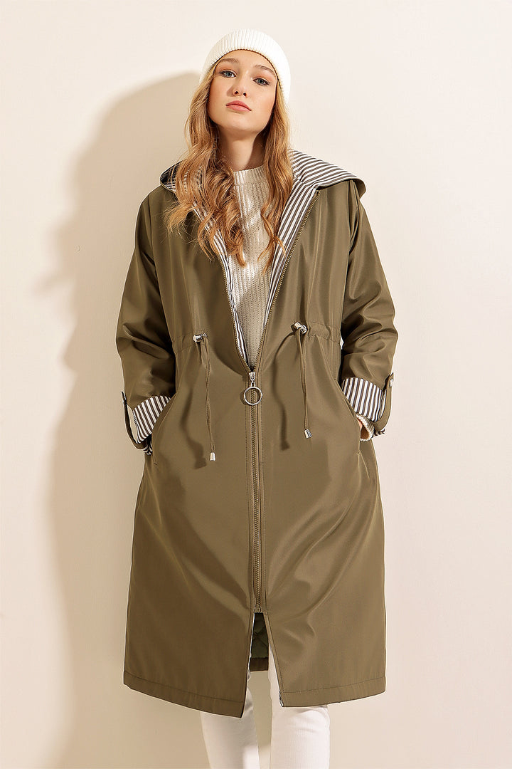 BGD Women Waist Gathered Hooded Trench Coat - Khaki - Beaumont