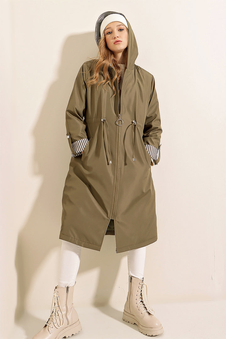 BGD Women Waist Gathered Hooded Trench Coat - Khaki - Beaumont