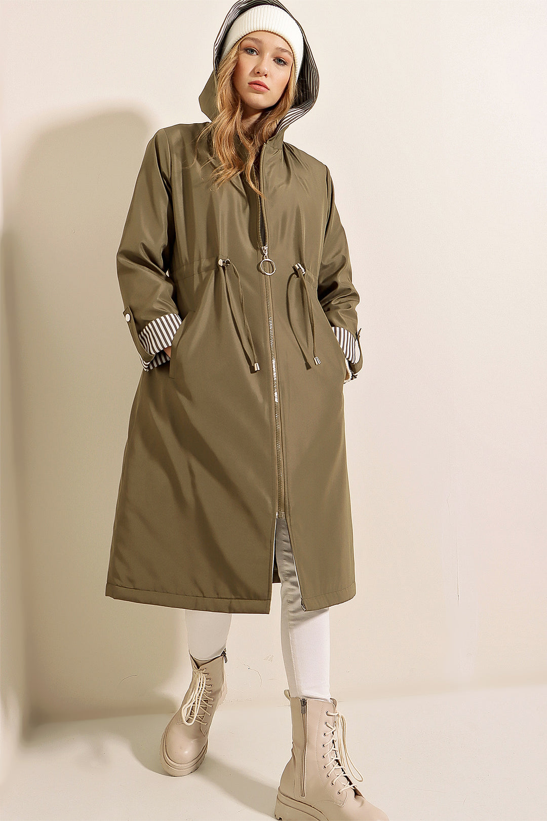 BGD Women Waist Gathered Hooded Trench Coat - Khaki - Beaumont