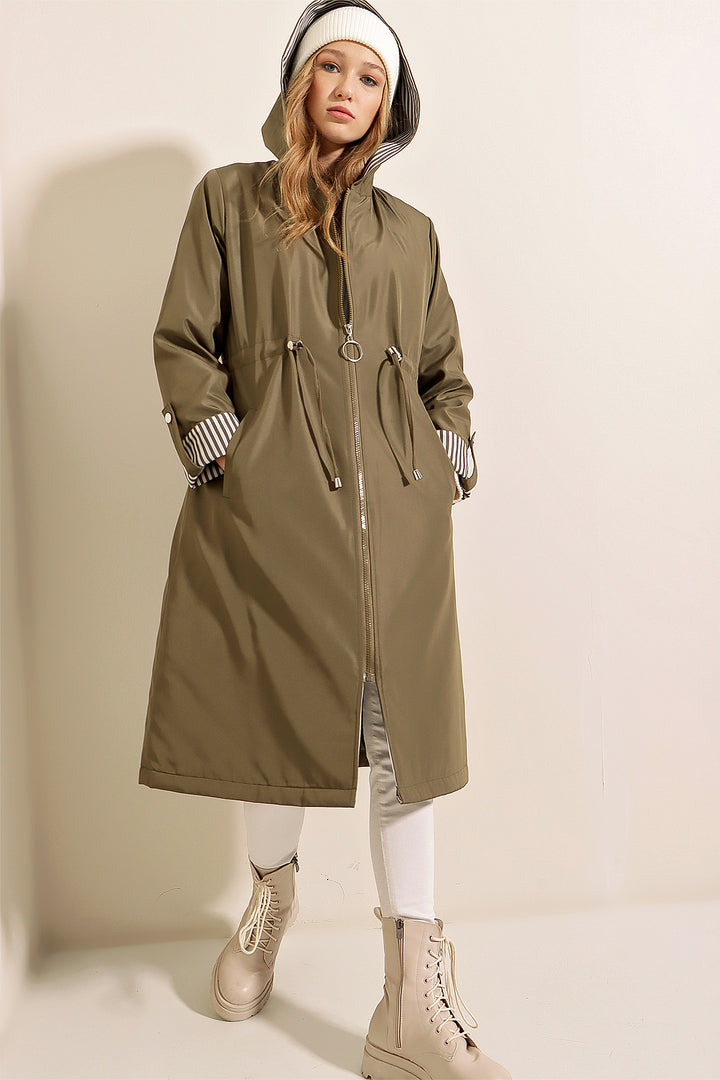 BGD Women Waist Gathered Hooded Trench Coat - Khaki - Beaumont