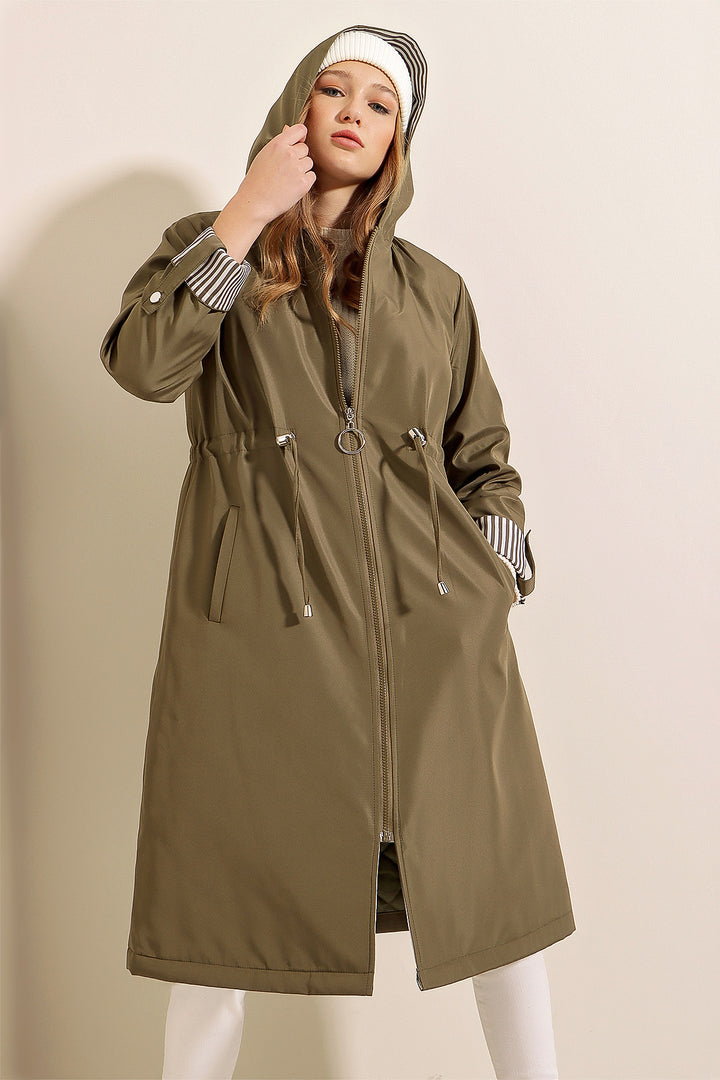 BGD Women Waist Gathered Hooded Trench Coat - Khaki - Beaumont