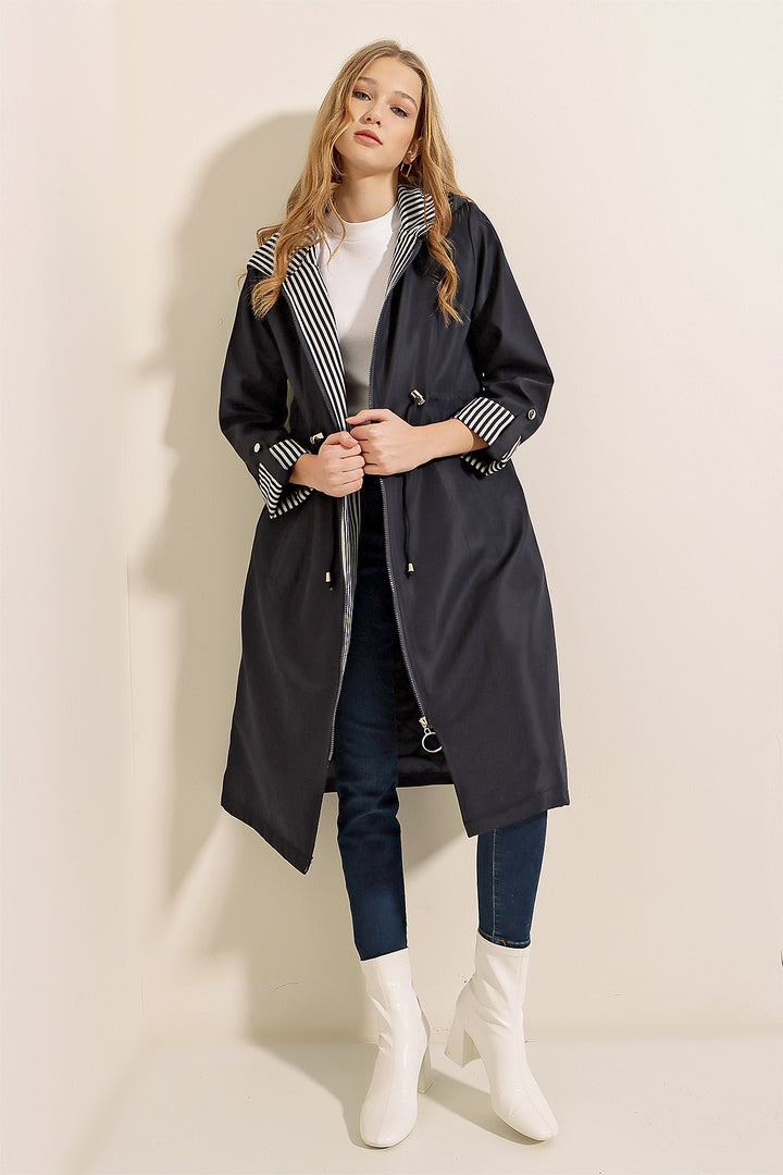 BGD Women Waist Gathered Hooded Trench Coat - Navy - Kansas City