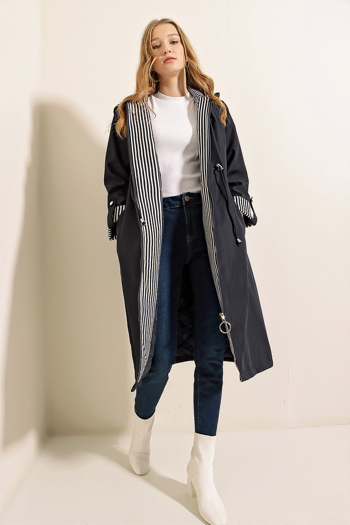 BGD Women Waist Gathered Hooded Trench Coat - Navy - Kansas City