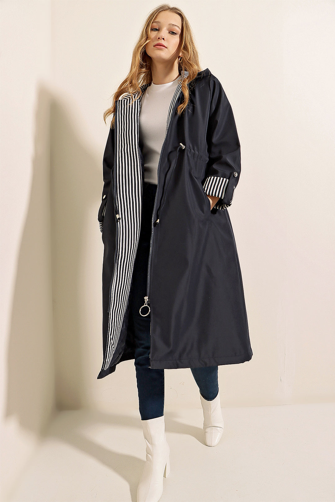 BGD Women Waist Gathered Hooded Trench Coat - Navy - Kansas City