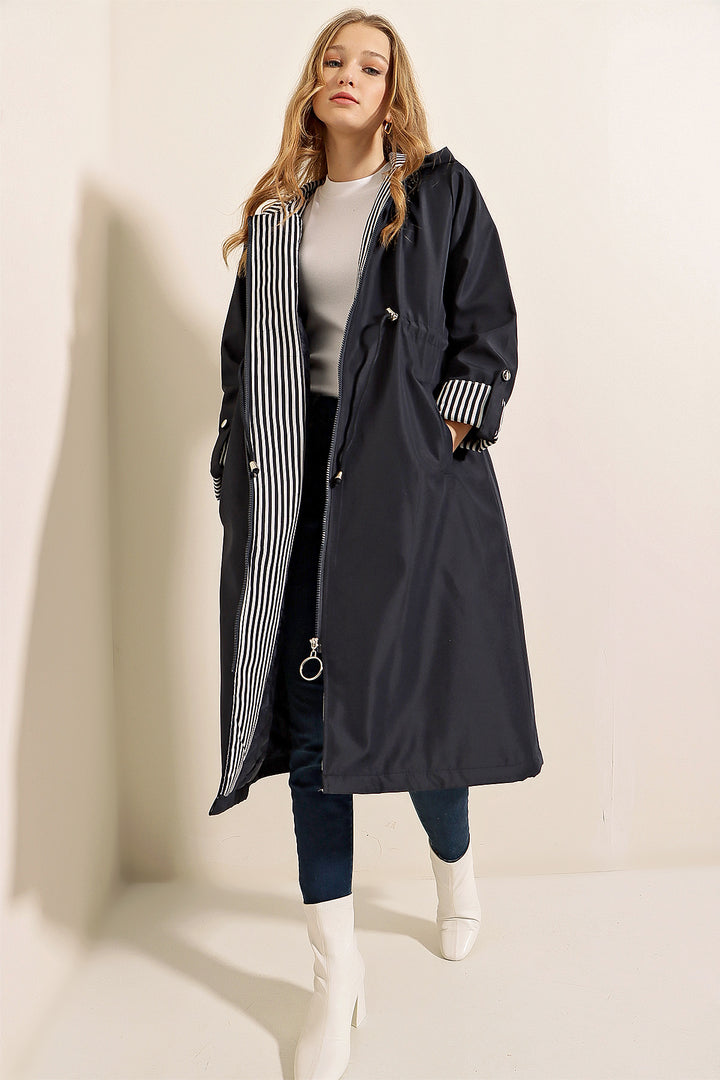 BGD Women Waist Gathered Hooded Trench Coat - Navy - Kansas City