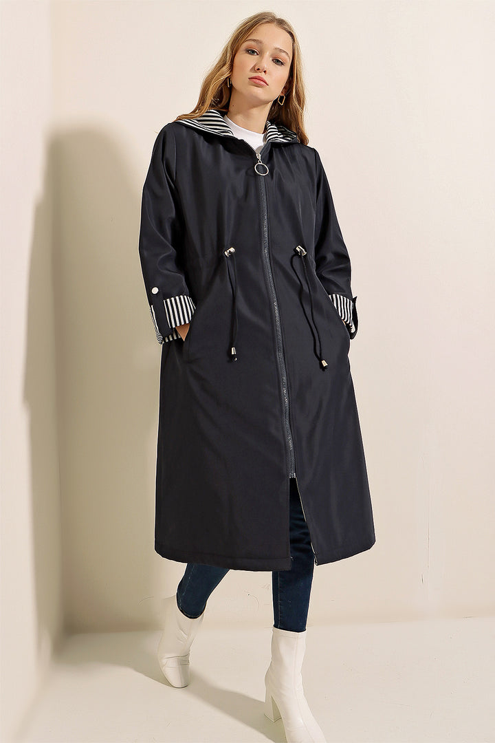 BGD Women Waist Gathered Hooded Trench Coat - Navy - Kansas City