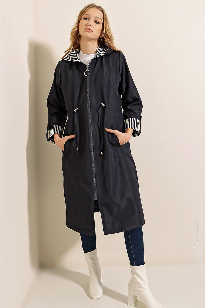 BGD Women Waist Gathered Hooded Trench Coat - Navy - Kansas City