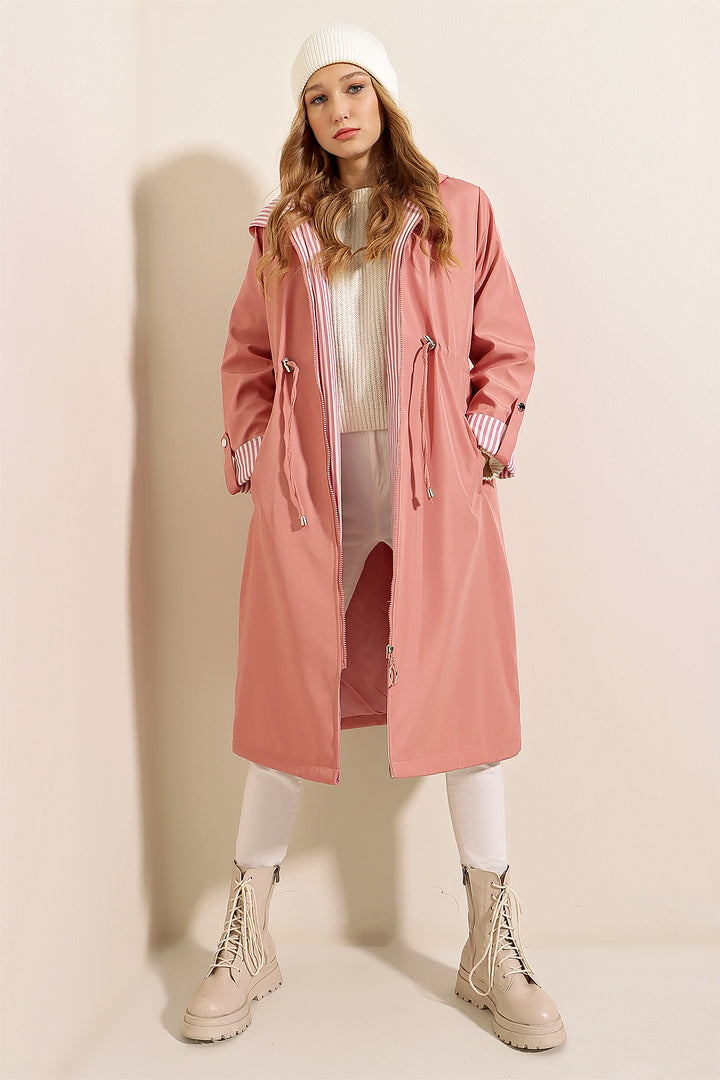BGD Women Waist Gathered Hooded Trench Coat - Pink - Hereford