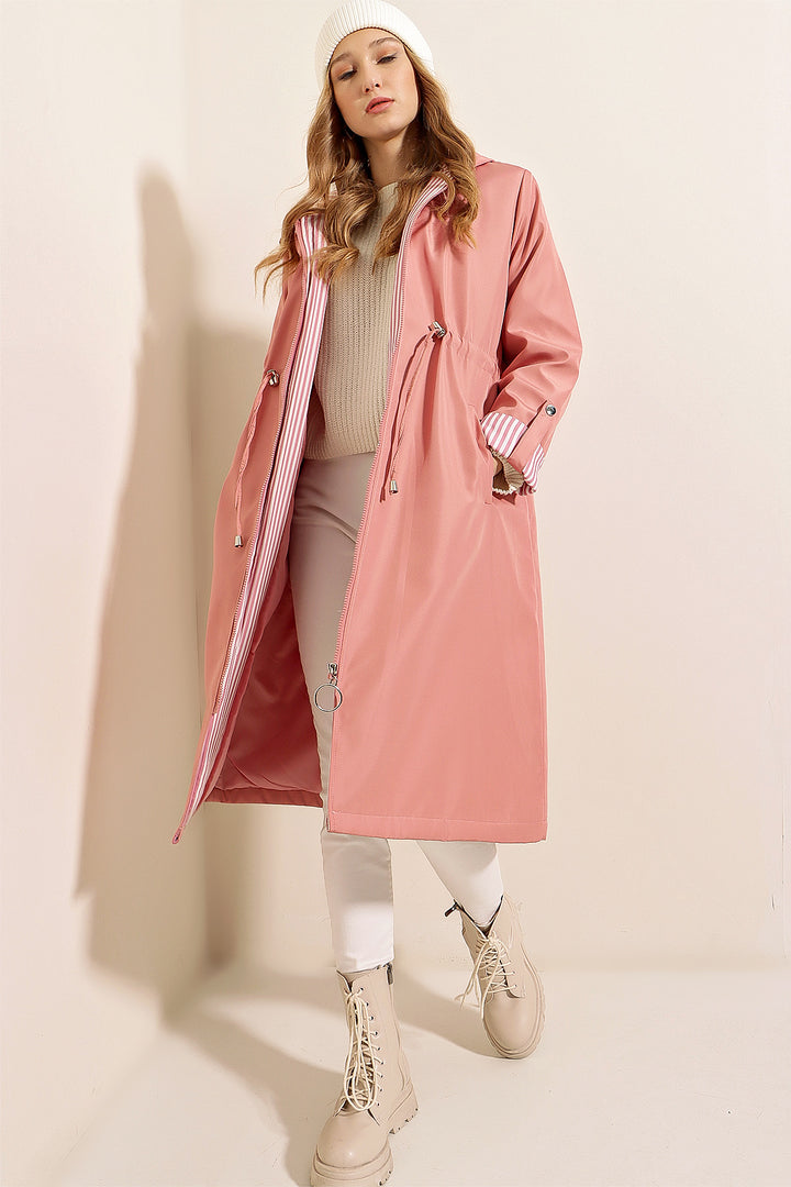 BGD Women Waist Gathered Hooded Trench Coat - Pink - Hereford