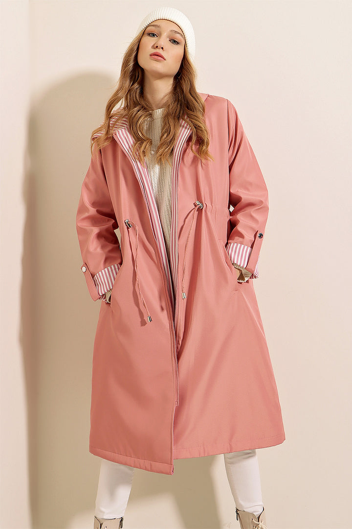 BGD Women Waist Gathered Hooded Trench Coat - Pink - Hereford