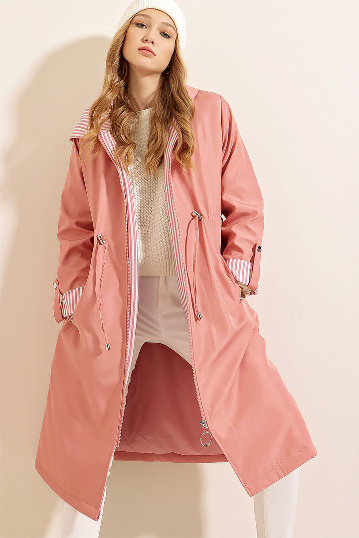 BGD Women Waist Gathered Hooded Trench Coat - Pink - Hereford