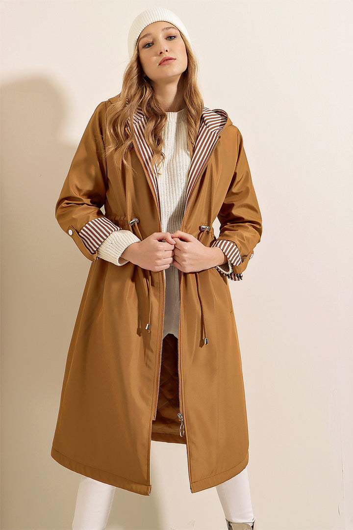 BGD Women Waist Gathered Hooded Trench Coat - Tan - Pärnu