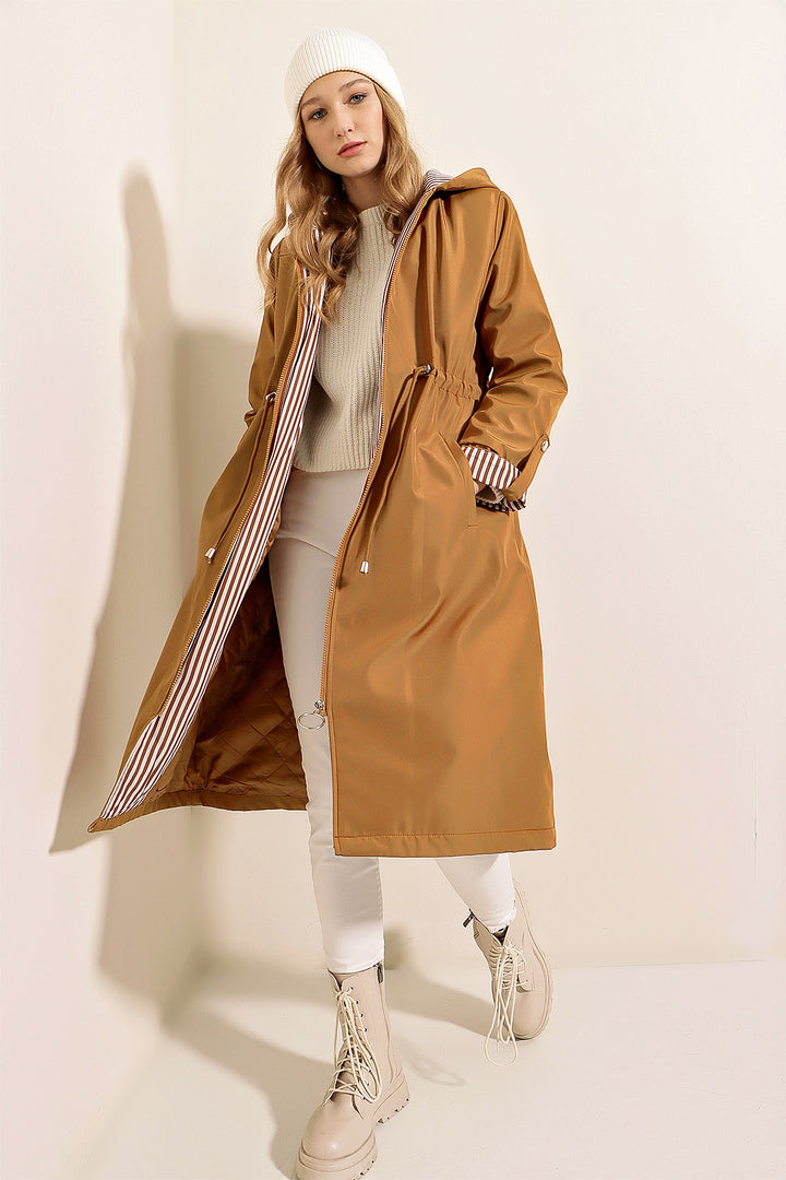 BGD Women Waist Gathered Hooded Trench Coat - Tan - Pärnu