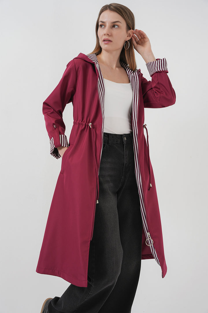 BGD Women Waist Gathered Hooded Trench Coat - Burgundy - Évosmos