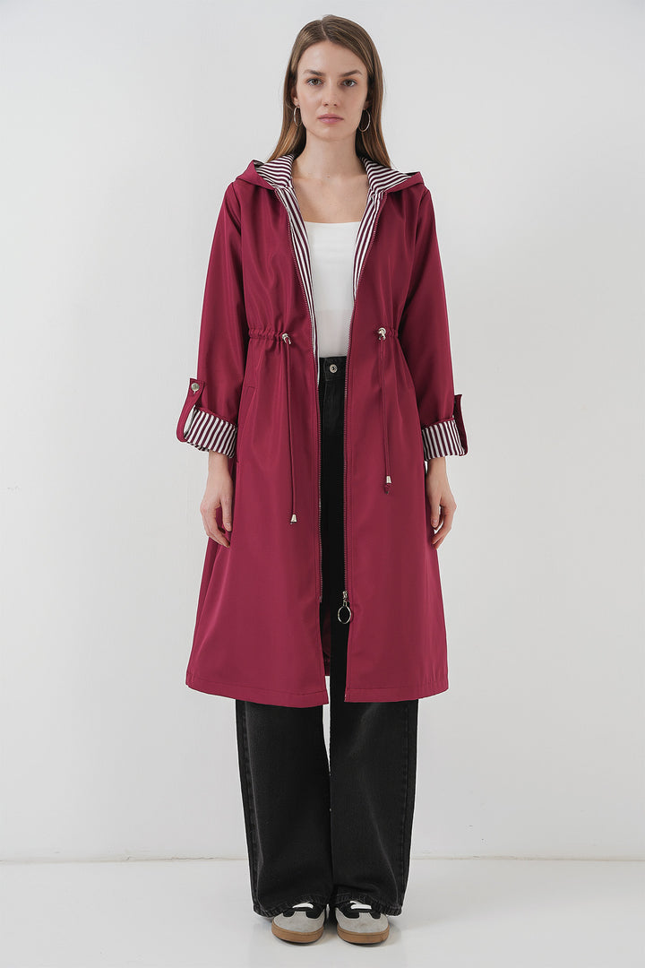 BGD Women Waist Gathered Hooded Trench Coat - Burgundy - Évosmos