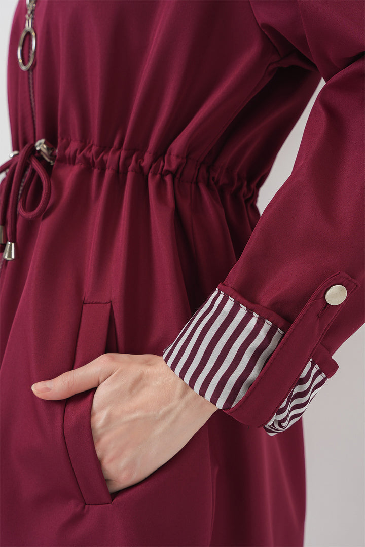 BGD Women Waist Gathered Hooded Trench Coat - Burgundy - Évosmos