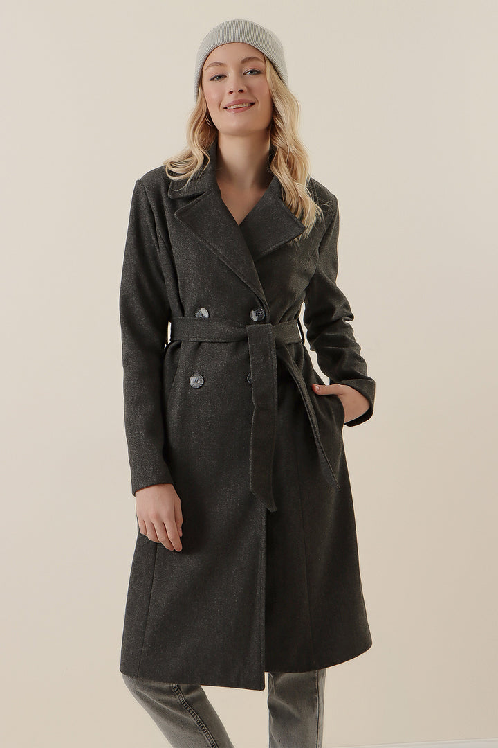 BGD Women Double-Breasted Notched Coat - Smoke Gray - Braintree
