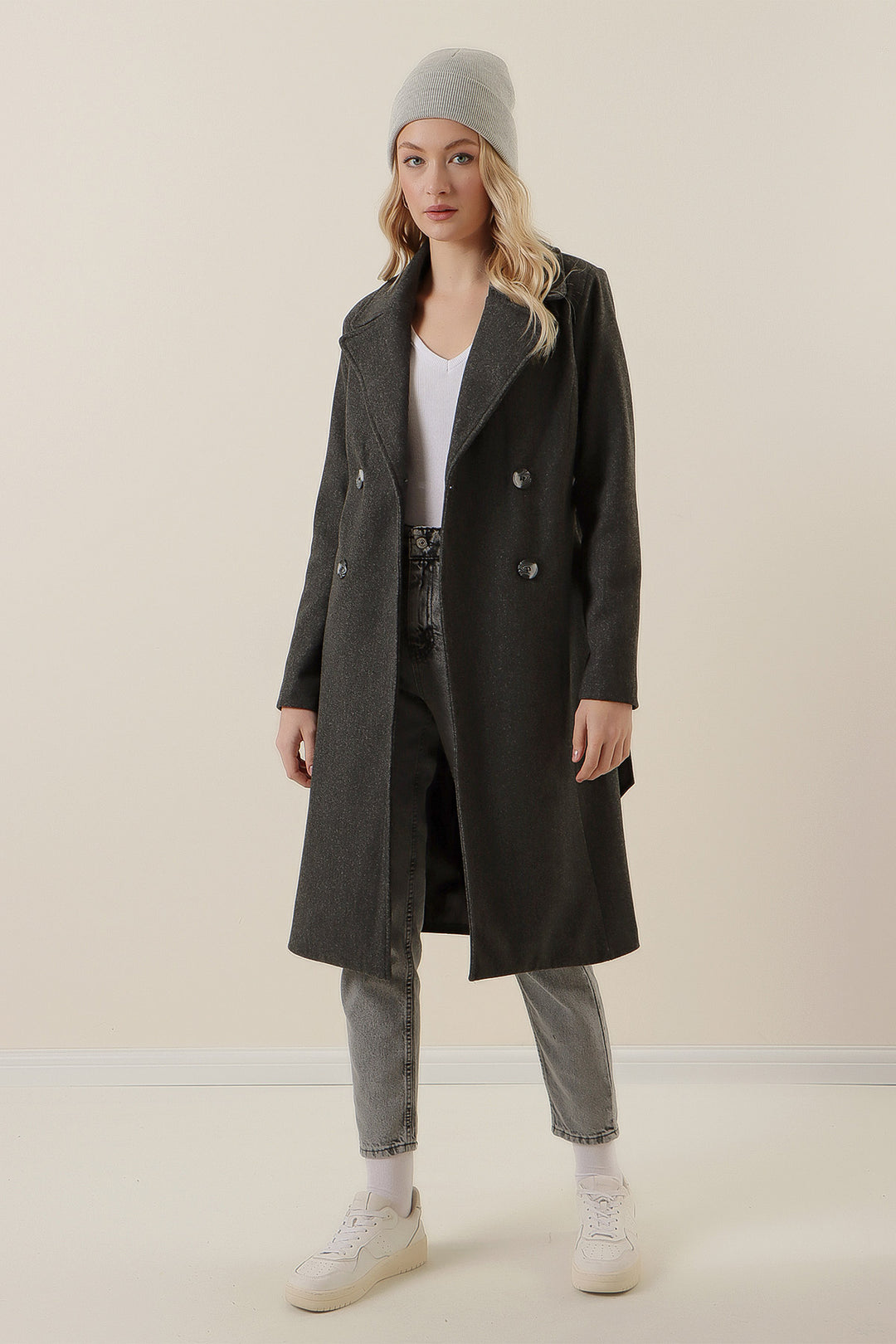 BGD Women Double-Breasted Notched Coat - Smoke Gray - Braintree