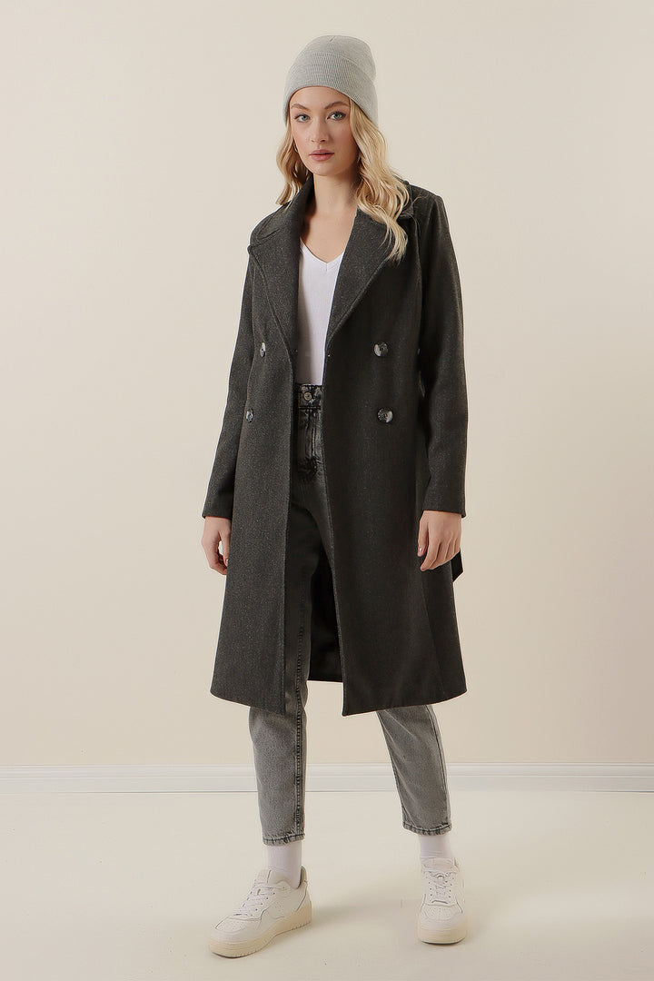 BGD Women Double-Breasted Notched Coat - Smoke Gray - Braintree