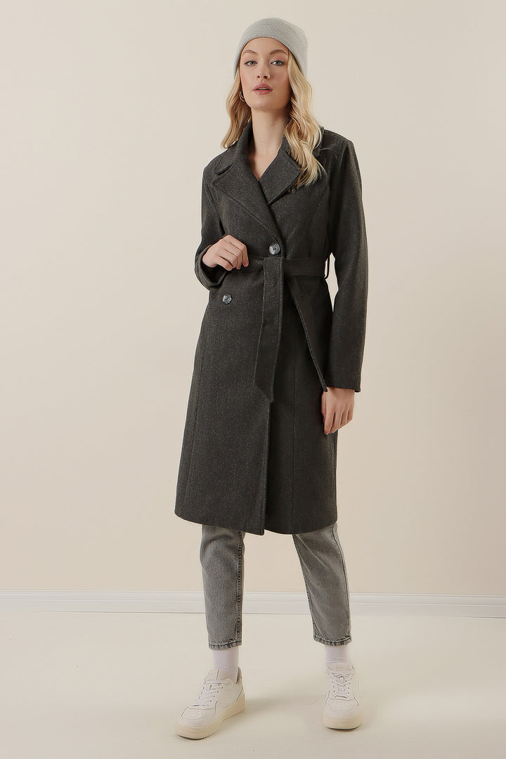 BGD Women Double-Breasted Notched Coat - Smoke Gray - Braintree