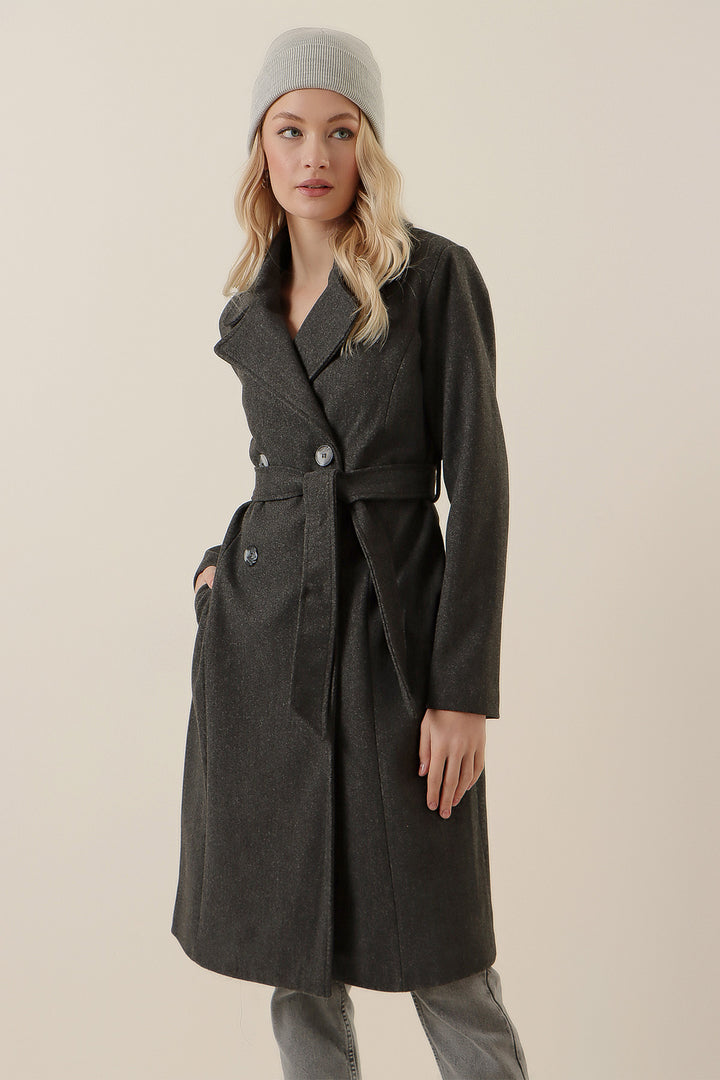 BGD Women Double-Breasted Notched Coat - Smoke Gray - Braintree