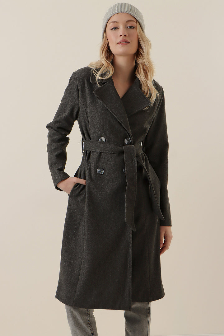 BGD Women Double-Breasted Notched Coat - Smoke Gray - Braintree