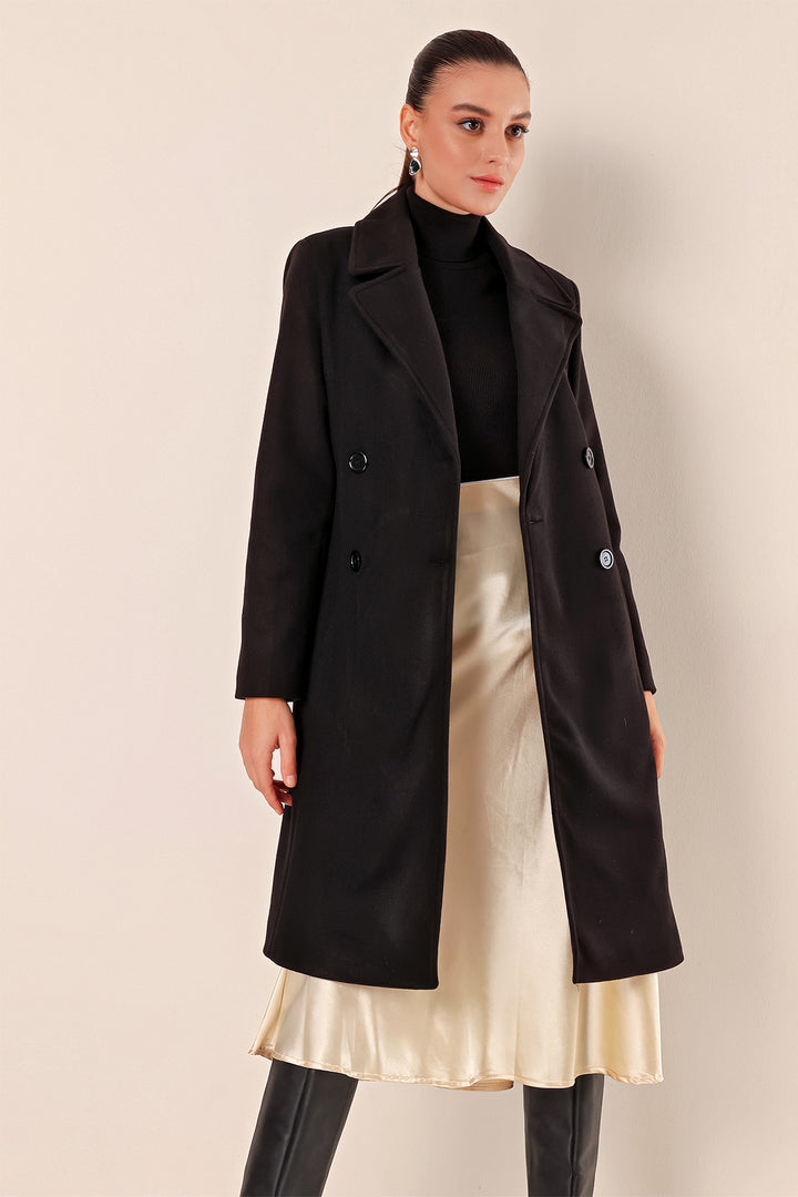 BGD Women Double-Breasted Notched Coat - Black - Bordeaux