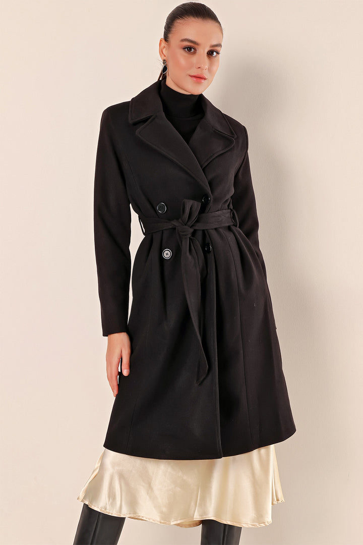 BGD Women Double-Breasted Notched Coat - Black - Bordeaux