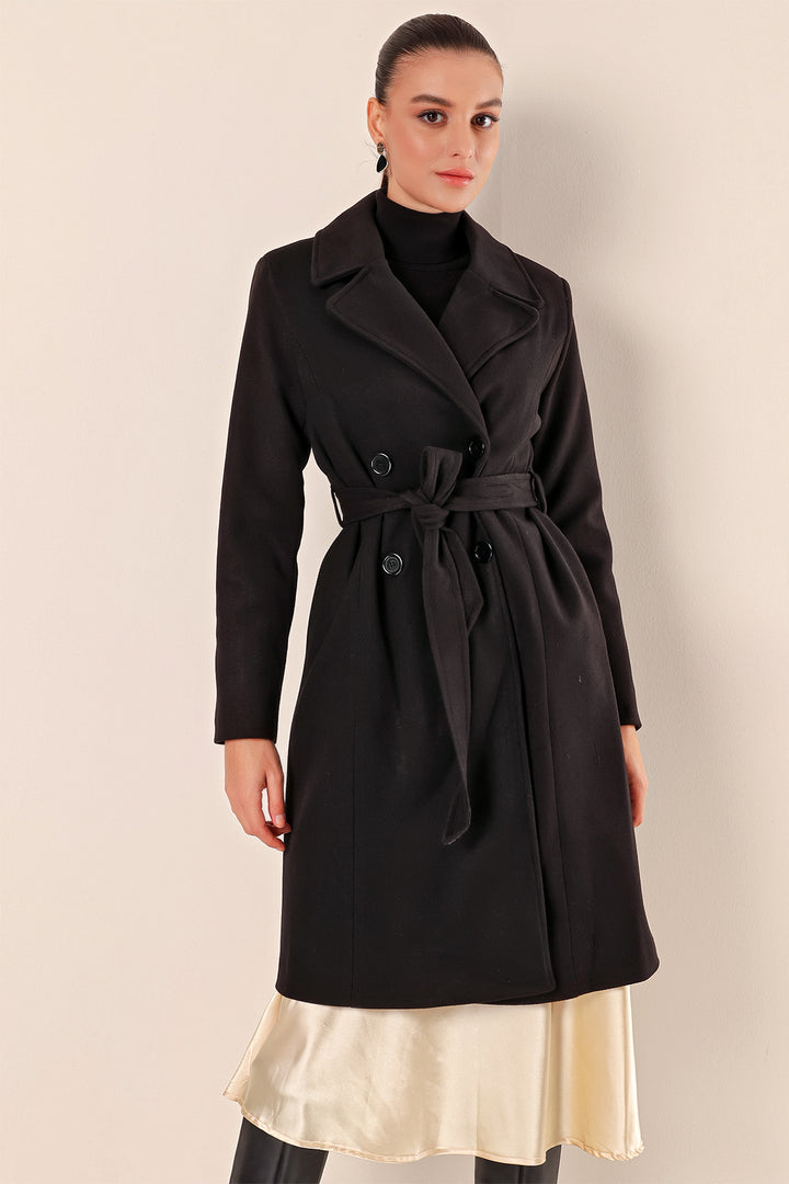 BGD Women Double-Breasted Notched Coat - Black - Bordeaux