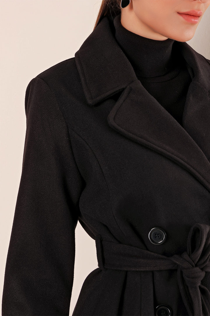 BGD Women Double-Breasted Notched Coat - Black - Bordeaux