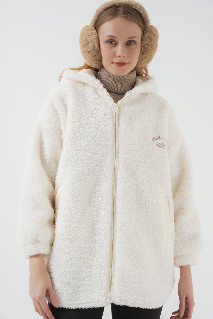 BGD Women Oversized White Plush Coat with Hood - Chihuahua