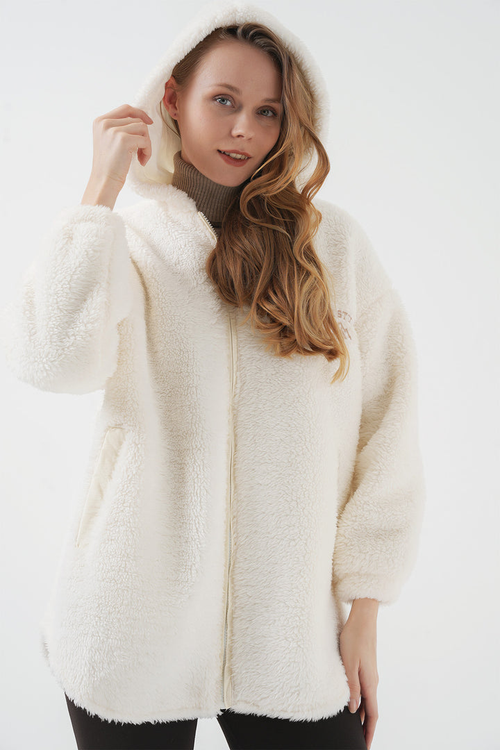 BGD Women Oversized White Plush Coat with Hood - Chihuahua