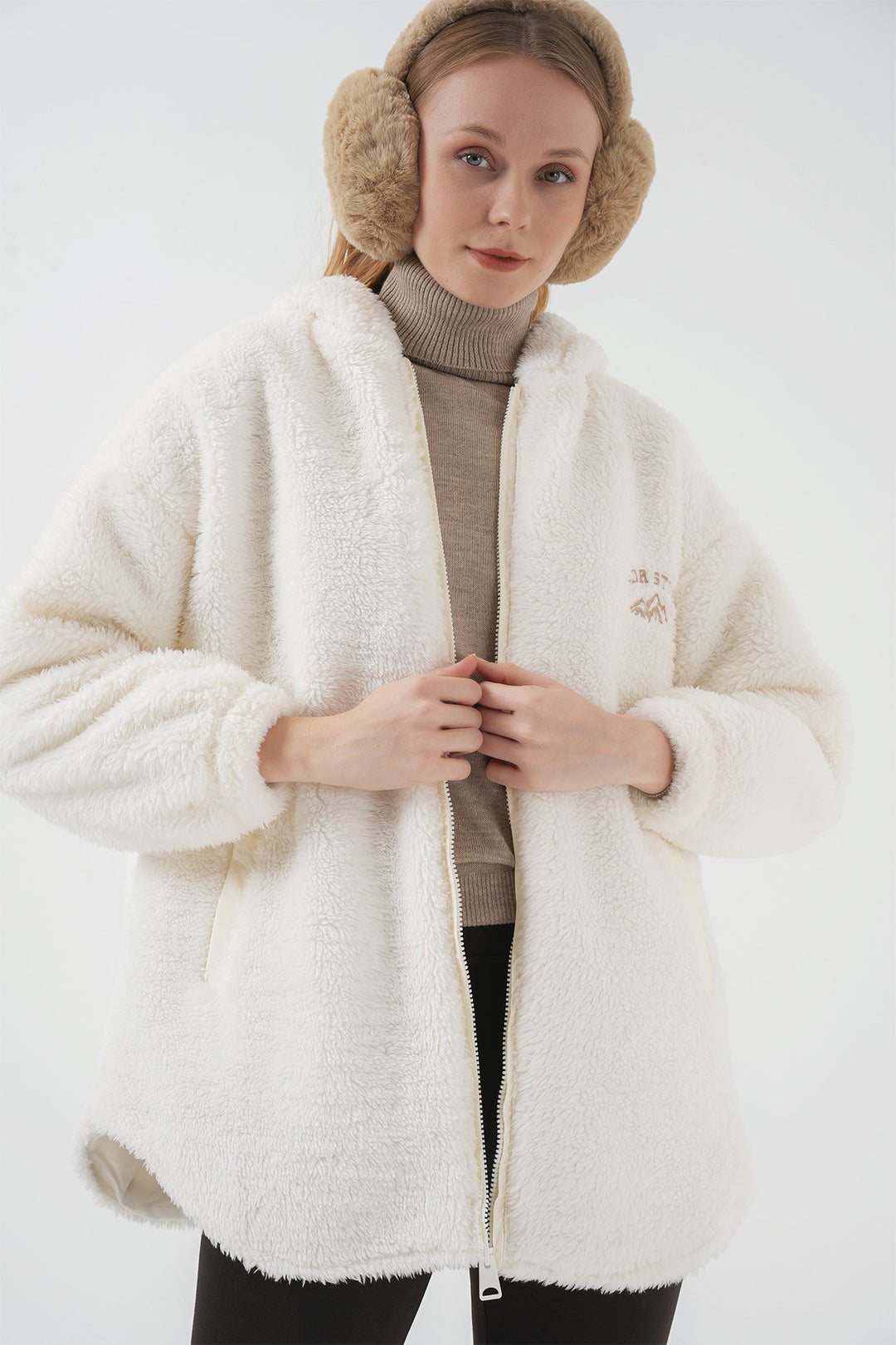 BGD Women Oversized White Plush Coat with Hood - Chihuahua