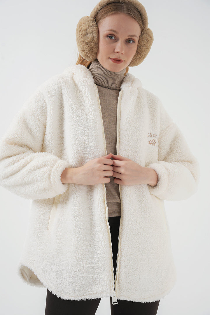 BGD Women Oversized White Plush Coat with Hood - Chihuahua