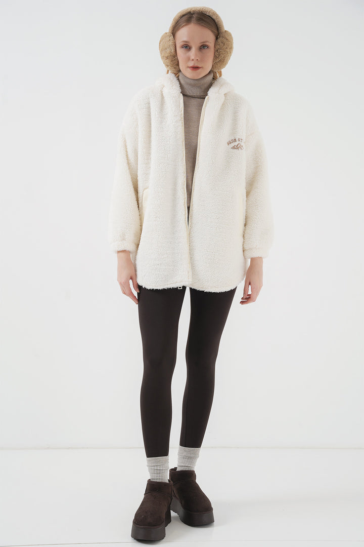 BGD Women Oversized White Plush Coat with Hood - Chihuahua