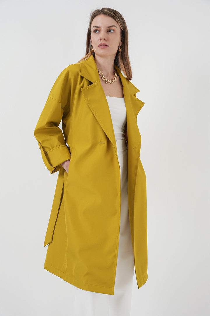 BGD Women Double-Breasted Collar Lined Trench Coat - Dark Green - La Roche-sur-Yon