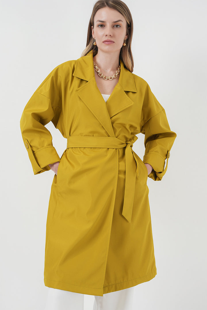 BGD Women Double-Breasted Collar Lined Trench Coat - Dark Green - La Roche-sur-Yon