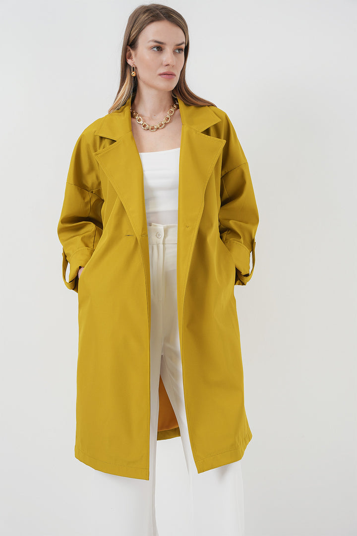 BGD Women Double-Breasted Collar Lined Trench Coat - Dark Green - La Roche-sur-Yon