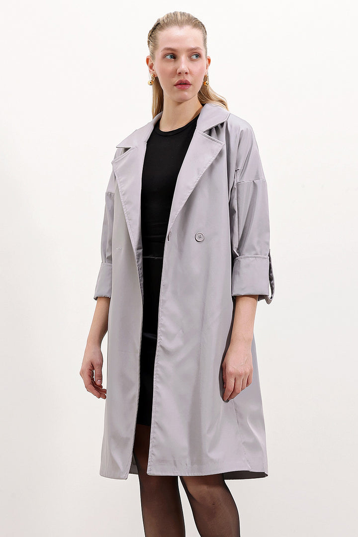 BGD Women Double-Breasted Collar Lined Trench Coat - Grey - Odivelas