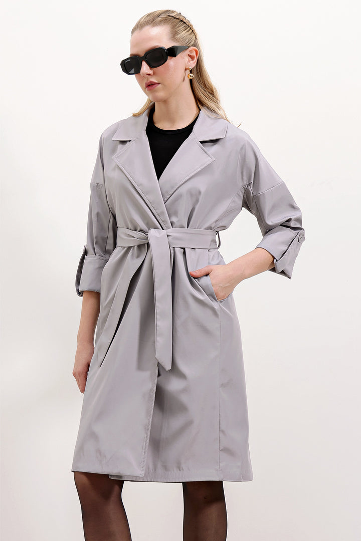 BGD Women Double-Breasted Collar Lined Trench Coat - Grey - Odivelas